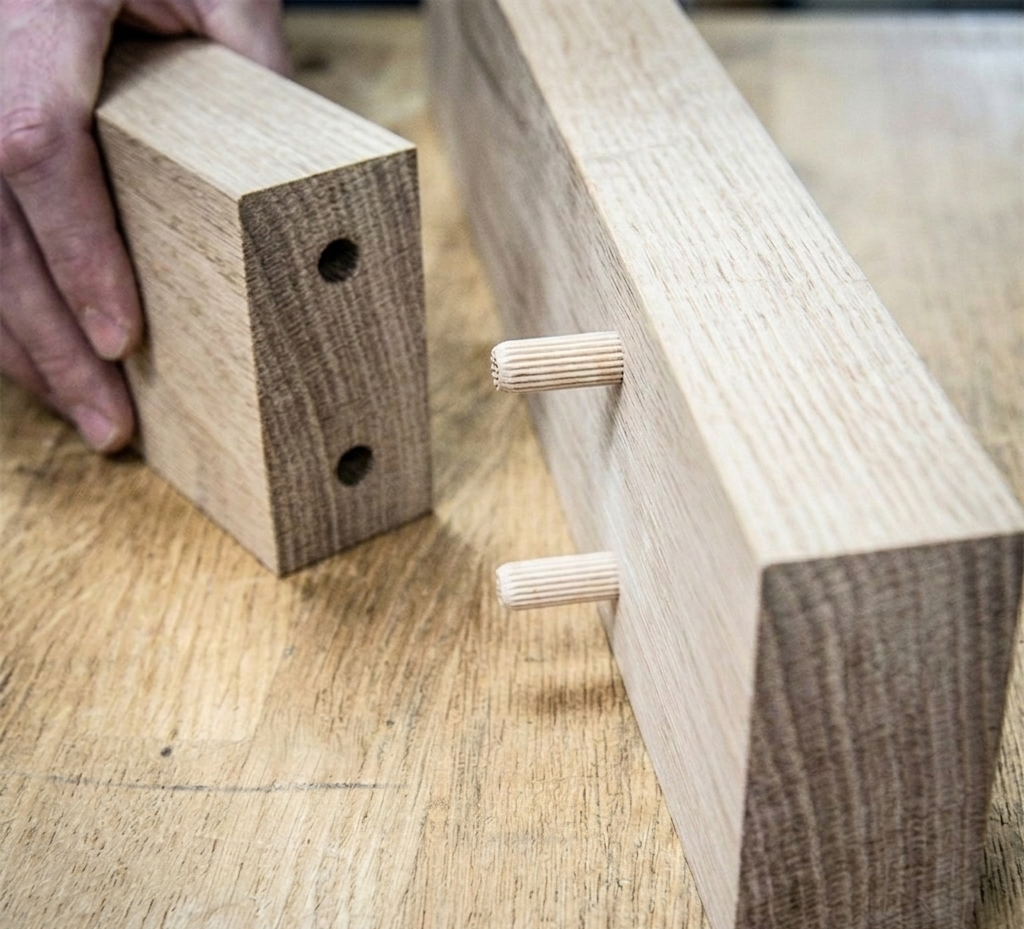 Dowels being used for wood joinery